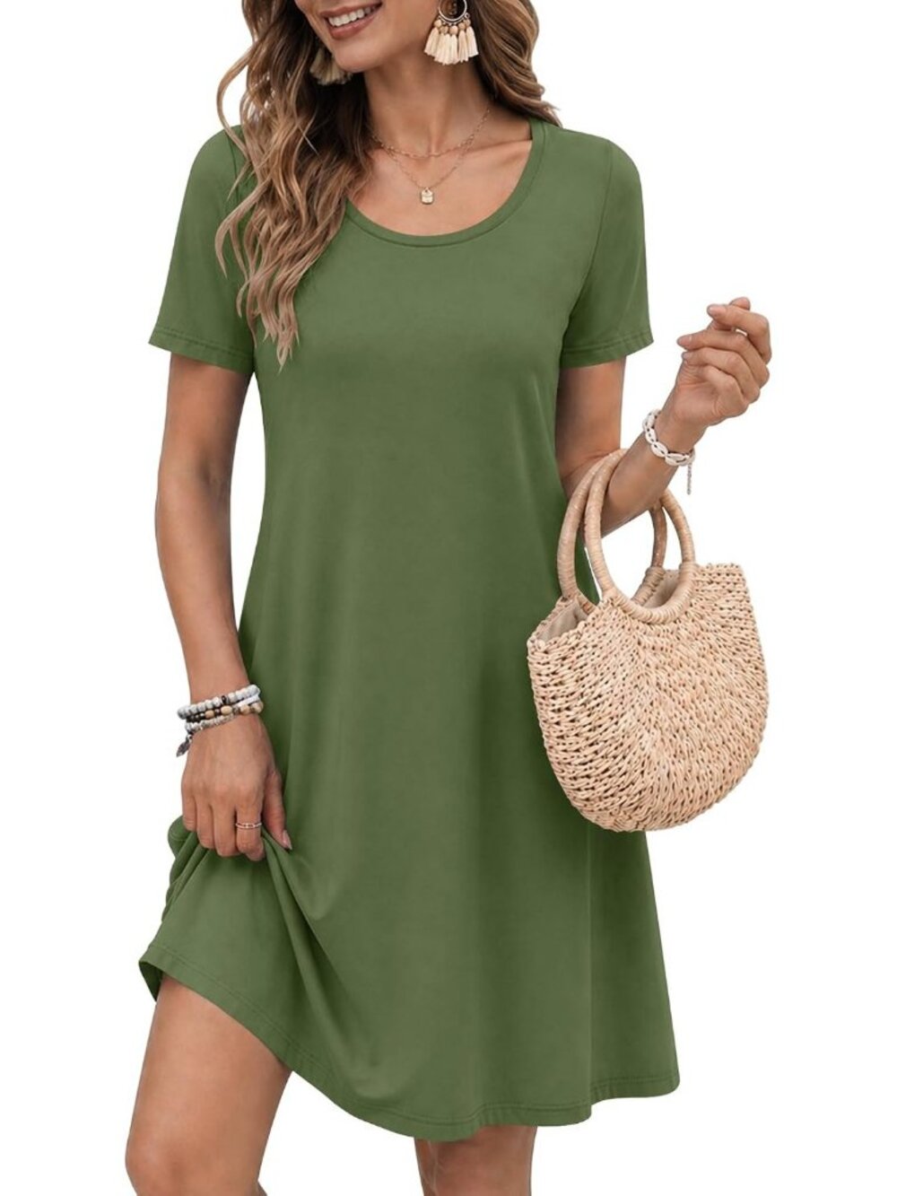 Women's Army Green Crew Neck Casual Short Sleeve Outfits Pull On Pockets T Shirt